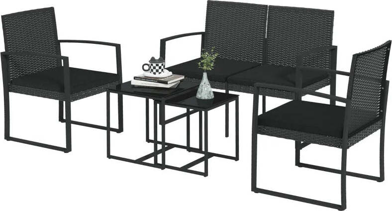 Set-da-Giardino-con-2-Sedie,-Divanetto-e-2-Tavolini-con-Cuscini-e-Piano-in-Vetro,-Nero-84G-319V00BK