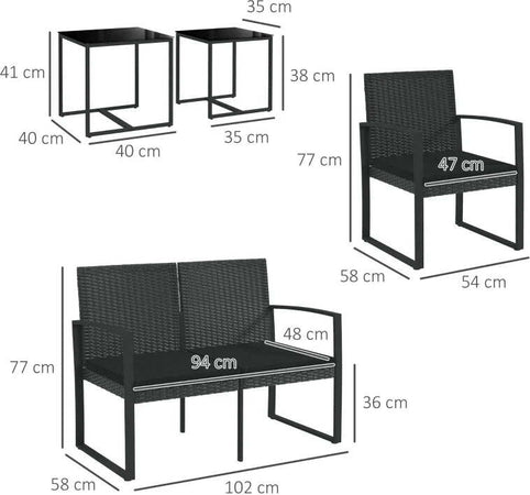 Set-da-Giardino-con-2-Sedie,-Divanetto-e-2-Tavolini-con-Cuscini-e-Piano-in-Vetro,-Nero-84G-319V00BK