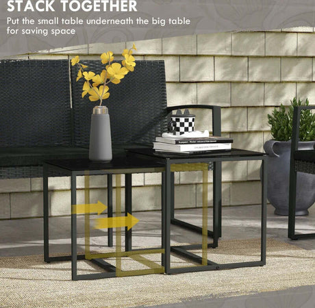 Set-da-Giardino-con-2-Sedie,-Divanetto-e-2-Tavolini-con-Cuscini-e-Piano-in-Vetro,-Nero-84G-319V00BK