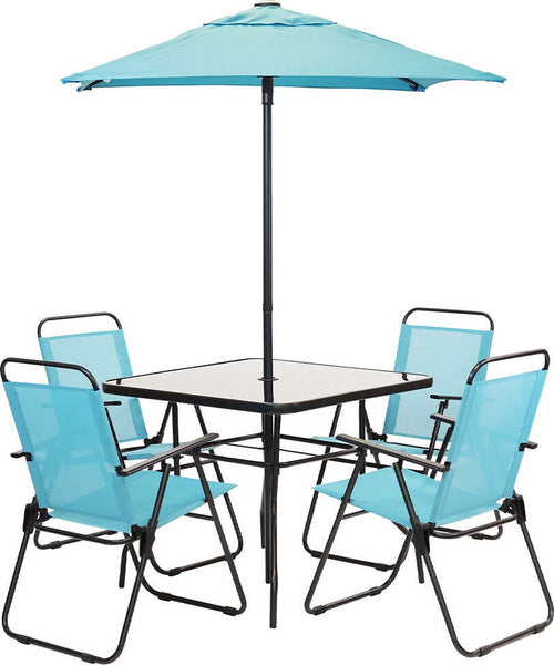 Set-da-Pranzo-6-Pezzi-per-Giardino-con-Ombrellone-e-4-Sedie-Pieghevoli-Celeste