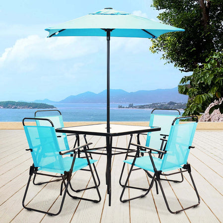 Set-da-Pranzo-6-Pezzi-per-Giardino-con-Ombrellone-e-4-Sedie-Pieghevoli-Celeste
