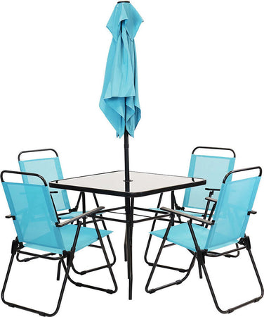 Set-da-Pranzo-6-Pezzi-per-Giardino-con-Ombrellone-e-4-Sedie-Pieghevoli-Celeste