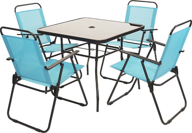 Set-da-Pranzo-6-Pezzi-per-Giardino-con-Ombrellone-e-4-Sedie-Pieghevoli-Celeste