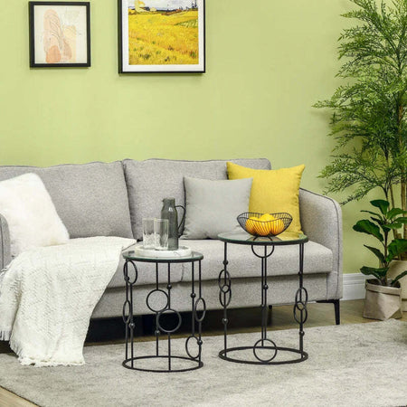 Set-di-2-Tavolini-da-Caffè-Impilabili-in-Metallo-e-Vetro-Temperato-Ø41x57cm-e-Ø36x51cm,-Nero-BG6833-674V00BKBG6