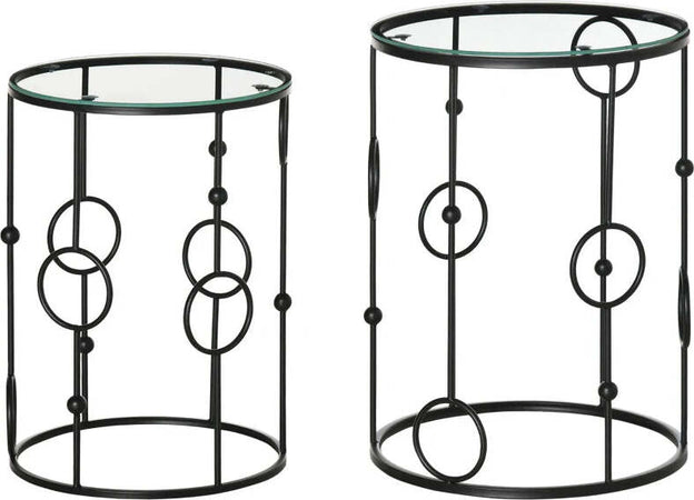 Set-di-2-Tavolini-da-Caffè-Impilabili-in-Metallo-e-Vetro-Temperato-Ø41x57cm-e-Ø36x51cm,-Nero-BG6833-674V00BKBG6
