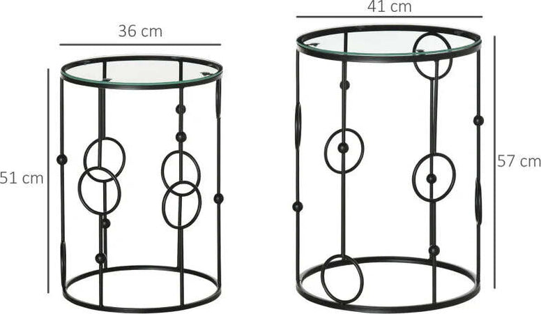 Set-di-2-Tavolini-da-Caffè-Impilabili-in-Metallo-e-Vetro-Temperato-Ø41x57cm-e-Ø36x51cm,-Nero-BG6833-674V00BKBG6