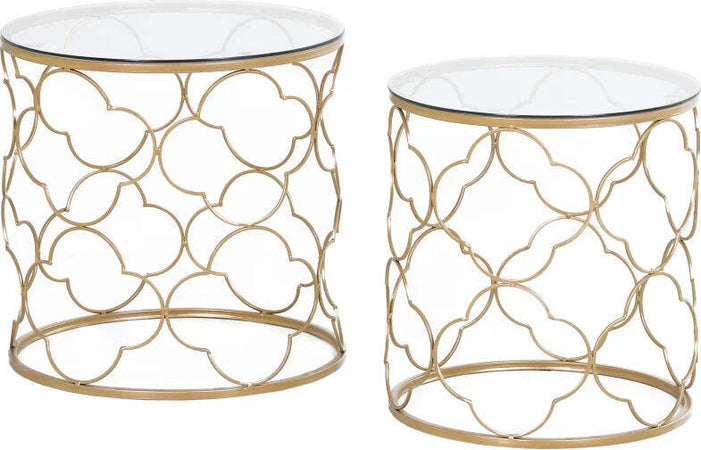 Set-di-2-Tavolini-da-Salotto-Impilabili-Art-Deco-in-Metallo-con-Piano-in-Vetro,-Oro-TG6833-675TG6