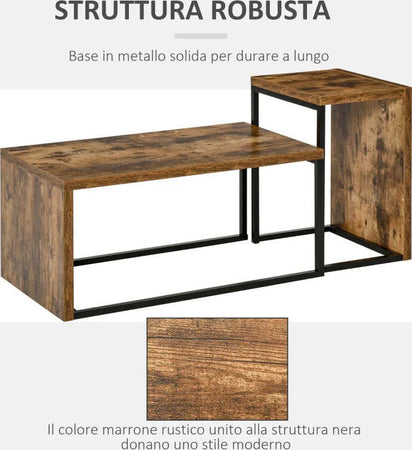 Set-di-2-Tavolini-da-Salotto-Impilabili-e-Salvaspazio-in-Stile-Industriale,-Legno-MDF-e-Metallo,-Marrone-e-Nero-CF9839-082CF9