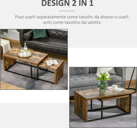 Set-di-2-Tavolini-da-Salotto-Impilabili-e-Salvaspazio-in-Stile-Industriale,-Legno-MDF-e-Metallo,-Marrone-e-Nero-CF9839-082CF9