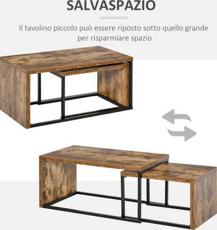 Set-di-2-Tavolini-da-Salotto-Impilabili-e-Salvaspazio-in-Stile-Industriale,-Legno-MDF-e-Metallo,-Marrone-e-Nero-CF9839-082CF9
