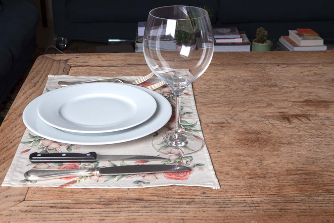 Set di 2 tovagliette americane colazione coppia tovagliette 35 X 50 CM in misto lino stampa floreale fiori  morbide resistenti eleganti made in italy FIOR DI COTONE