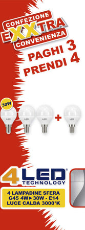 Set di 4 LAMPADINE LED A SFERA G45 4W - 30W ATTACCO E14 LUCE CALDA 3000° K CLASSE A+ Illuminazione/Lampadine/Lampadine a LED Scontolo.net - Potenza, Commerciovirtuoso.it
