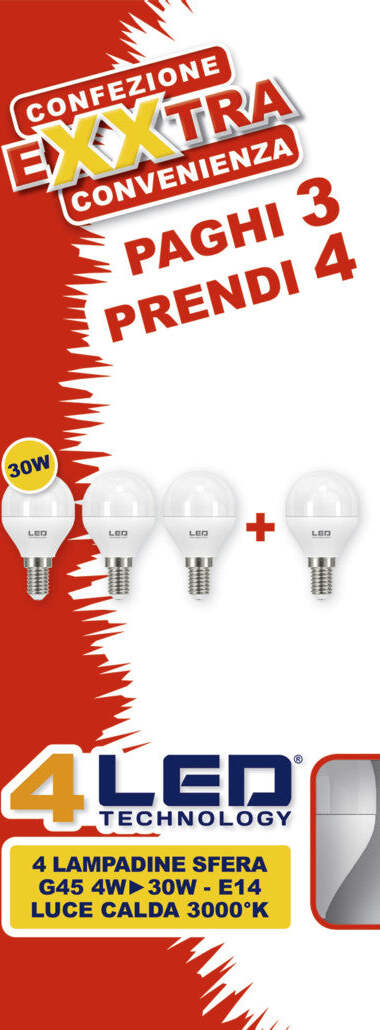 Set di 4 LAMPADINE LED A SFERA G45 4W - 30W ATTACCO E14 LUCE CALDA 3000° K CLASSE A+ Illuminazione/Lampadine/Lampadine a LED Scontolo.net - Potenza, Commerciovirtuoso.it