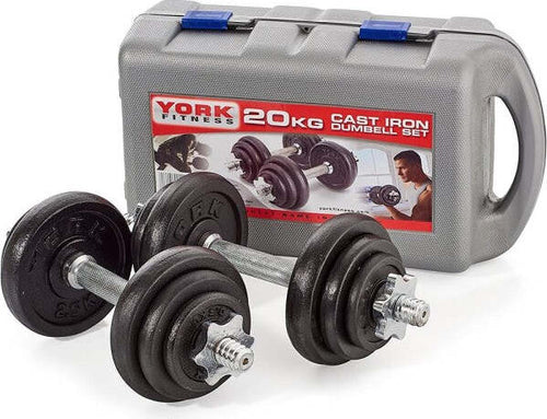 Set-Di-Manubri-In-Ghisa-York-Fitness-20kg-Foratura-2,54cm-Allenamento-Palestra