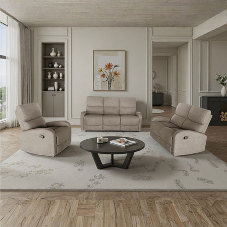 Set divani Potter 2 e 3 posti e poltrona recliner manuali in tessuto Mia 103-05 beige