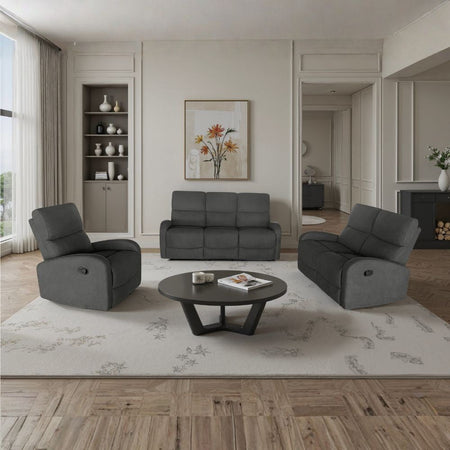 Set divani Potter 2 e 3 posti e poltrona recliner manuali in tessuto Mia 103-27 grigio scuro