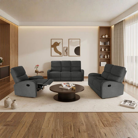 Set divani Potter 2 e 3 posti e poltrona recliner manuali in tessuto Mia 103-27 grigio scuro