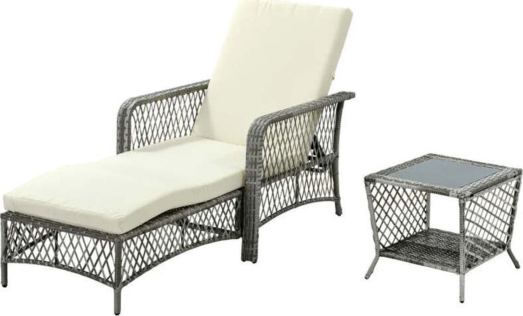 Set-Lettino-Prendisole-e-Tavolino-in-Rattan-PE,-Sdraio-da-Giardino-Regolabile-su-5-Posizioni-e-Tavolino-a-2-Ripiani,-Bianco-Crema-862-054GY