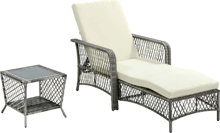 Set-Lettino-Prendisole-e-Tavolino-in-Rattan-PE,-Sdraio-da-Giardino-Regolabile-su-5-Posizioni-e-Tavolino-a-2-Ripiani,-Bianco-Crema-862-054GY