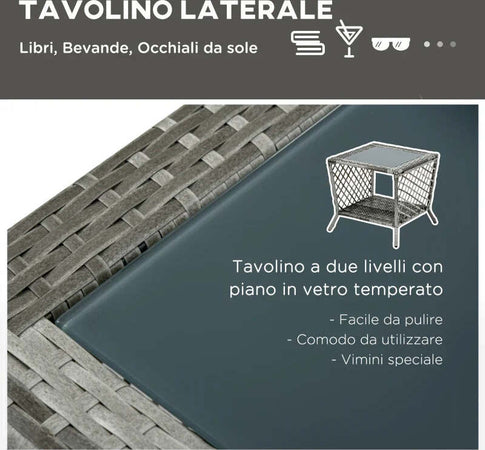 Set-Lettino-Prendisole-e-Tavolino-in-Rattan-PE,-Sdraio-da-Giardino-Regolabile-su-5-Posizioni-e-Tavolino-a-2-Ripiani,-Bianco-Crema-862-054GY
