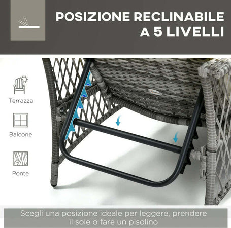 Set-Lettino-Prendisole-e-Tavolino-in-Rattan-PE,-Sdraio-da-Giardino-Regolabile-su-5-Posizioni-e-Tavolino-a-2-Ripiani,-Bianco-Crema-862-054GY