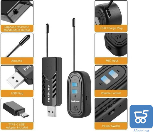 Set Microfono wireless headset Mic Microfono a clip con Ricevitore e Trasmettitore Wireless per Riprese video Registrazioni