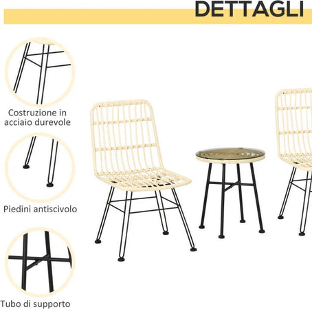 Set-Mobili-da-Giardino-3-Pezzi-con-Tavolino-e-Sedie-in-Rattan-PE,-Poilestere-e-Acciaio-per-Esterni,-Crema-863-087CW