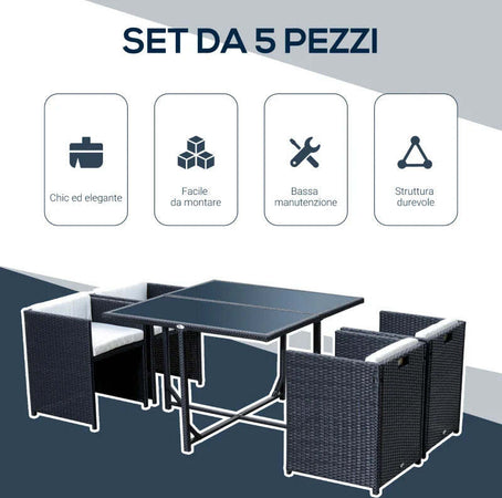 Set-Mobili-da-Giardino-5pz-Set-Tavolo-da-Pranzo-con-4-Sedie-con-Cuscini-Combinabili-a-Rettangolo,-Nero,-109x109x72-cm-863-008