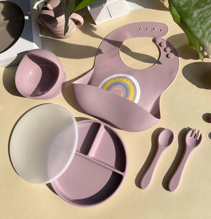Set-pappa-(ciotola-piatto-bavaglino-e-posate)--rosa