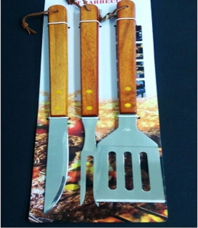 Set-Per-Barbecue-Grill-In-Acciaio-Manico-Legno-Coltello-Paletta-Forchettone