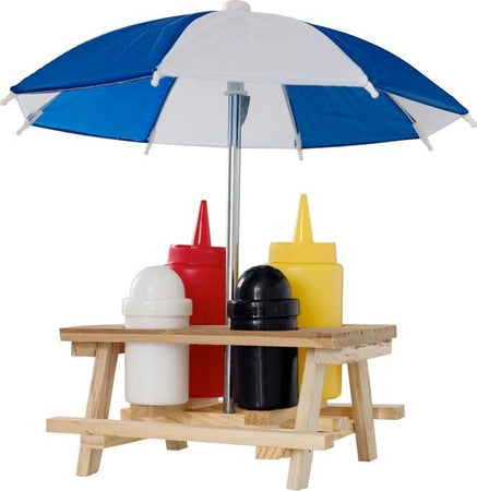 SET PORTA CONDIMENTI 4 PEZZI CON TAVOLINO IN LEGNO E OMBRELLONE PIC NIC BLU  Trade Shop italia - Napoli, Commerciovirtuoso.it