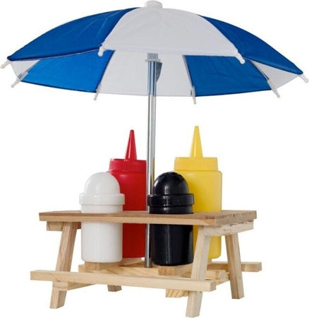 Set Porta Condimenti 4 Pezzi Con Tavolino In Legno E Ombrellone Pic Nic Blu Casa e cucina/Organizzazione interni/Contenitori e barattoli da cucina/Dosatori e contenitori/Set sale e pepe Trade Shop italia - Napoli, Commerciovirtuoso.it