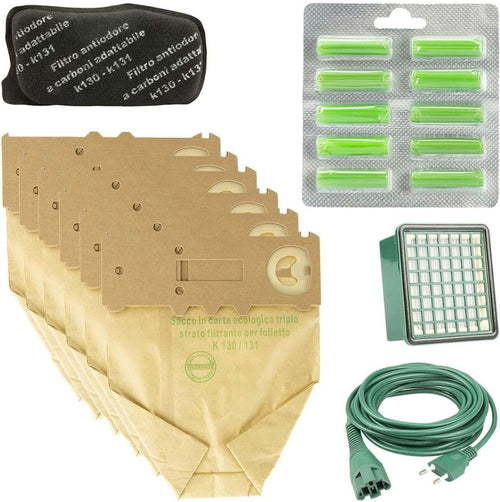 Set Sacchetti Filtri Cavo e Profumi Compatibili per Folletto VK130 VK131
