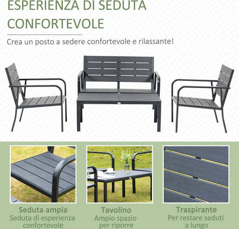 Set-Salotto-da-Giardino-da-4-Pezzi-con-Panchina-a-2-Posti,-2-Poltrone-e-Tavolino,-Grigio-Scuro-84B-644