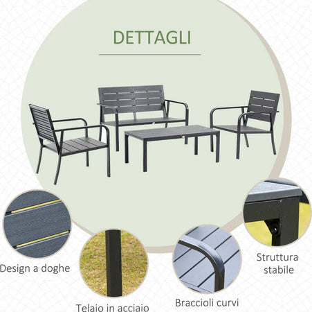 Set-Salotto-da-Giardino-da-4-Pezzi-con-Panchina-a-2-Posti,-2-Poltrone-e-Tavolino,-Grigio-Scuro-84B-644