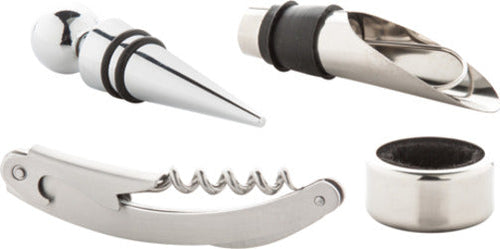 Set sommelier 4 pezzi Cavatappi con tagliacapsule, Anello anti goccia, Tappo chiudi bottiglia, Tappo versatore