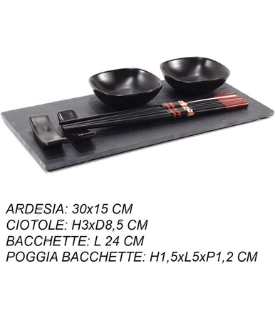 Set Sushi Composto Da 4 Bacchette E 2 Piatti Per Salse Con Vassoio In Ardesia