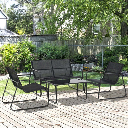 Set-Tavolino-con-Panchina-e-2-Sedie-da-Giardino,-Arredamento-da-Esterno-in-Metallo-e-Texteline,-Nero-84B-507