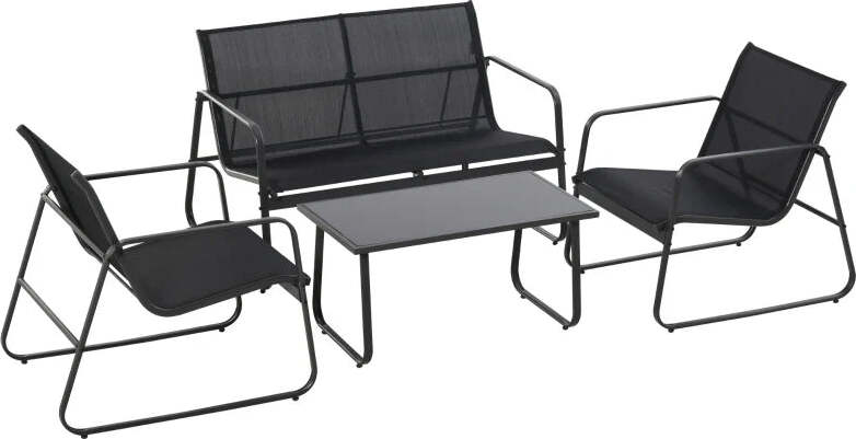 Set-Tavolino-con-Panchina-e-2-Sedie-da-Giardino,-Arredamento-da-Esterno-in-Metallo-e-Texteline,-Nero-84B-507