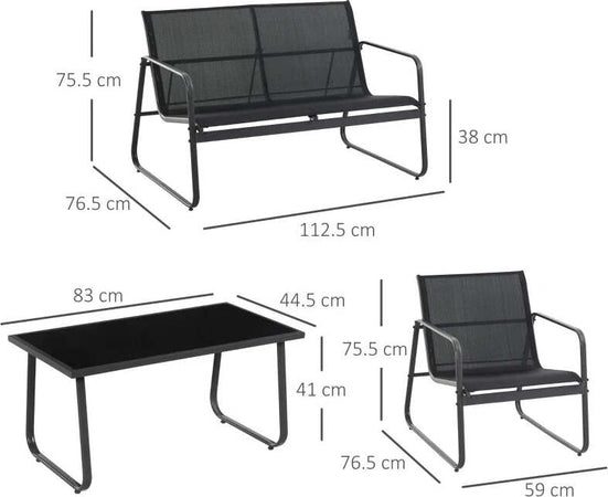 Set-Tavolino-con-Panchina-e-2-Sedie-da-Giardino,-Arredamento-da-Esterno-in-Metallo-e-Texteline,-Nero-84B-507