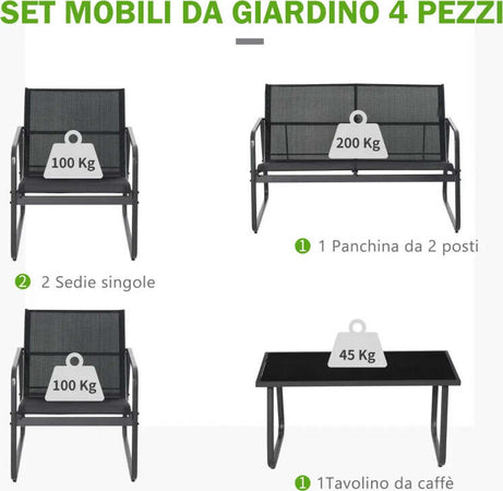 Set-Tavolino-con-Panchina-e-2-Sedie-da-Giardino,-Arredamento-da-Esterno-in-Metallo-e-Texteline,-Nero-84B-507