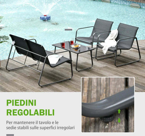 Set-Tavolino-con-Panchina-e-2-Sedie-da-Giardino,-Arredamento-da-Esterno-in-Metallo-e-Texteline,-Nero-84B-507