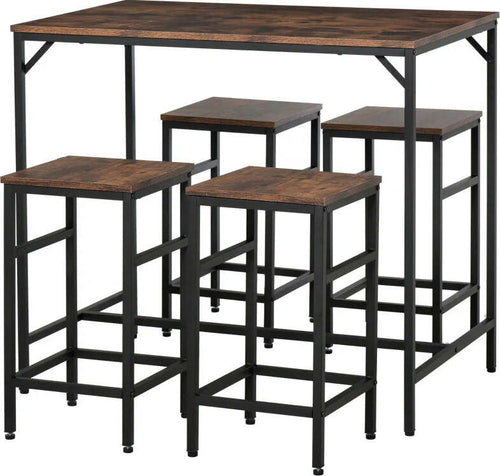Set-Tavolo-Alto-con-4-Sgabelli-Stile-Industriale-in-Metallo-e-Legno,-Arredamento-Moderno-Soggiorno-e-Cucina,-Marrone-Rustico-LR6835-337LR6