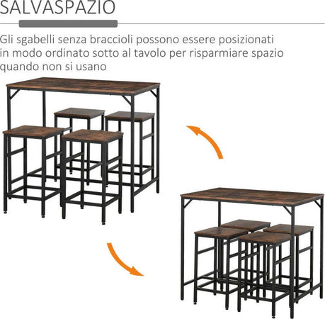 Set-Tavolo-Alto-con-4-Sgabelli-Stile-Industriale-in-Metallo-e-Legno,-Arredamento-Moderno-Soggiorno-e-Cucina,-Marrone-Rustico-LR6835-337LR6