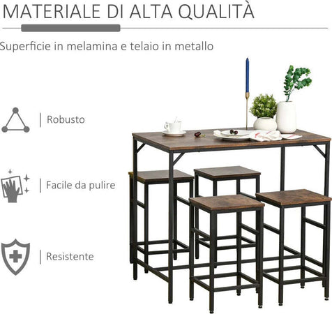 Set-Tavolo-Alto-con-4-Sgabelli-Stile-Industriale-in-Metallo-e-Legno,-Arredamento-Moderno-Soggiorno-e-Cucina,-Marrone-Rustico-LR6835-337LR6