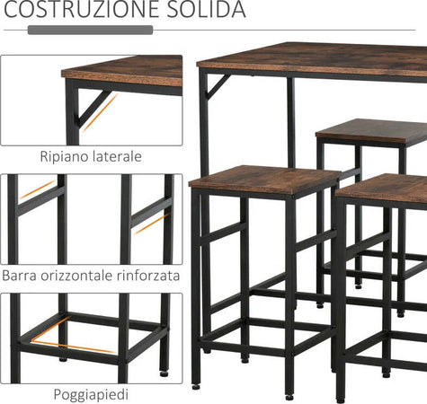 Set-Tavolo-Alto-con-4-Sgabelli-Stile-Industriale-in-Metallo-e-Legno,-Arredamento-Moderno-Soggiorno-e-Cucina,-Marrone-Rustico-LR6835-337LR6