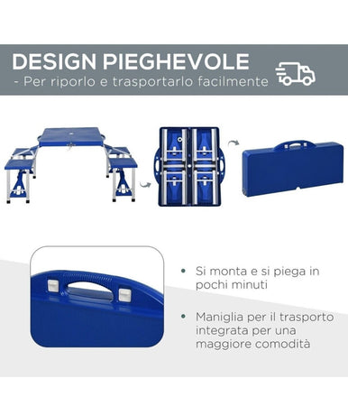 Set Tavolo Da Campeggio Pic Nic Giardino Pieghevole Richiudibile Con Sedie Blu