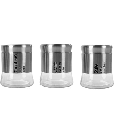 Set Tris Di Barattoli Sale Zucchero Caffè In Acciaio Vetro Accessori Cucina