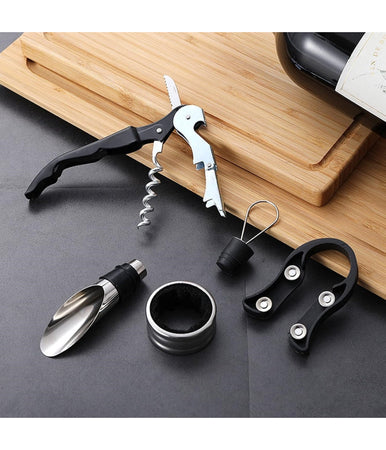 Set Vino 5in1 Cavatappi Apribottiglie Multifunzione Anello Antigoccia Tappo Versatore