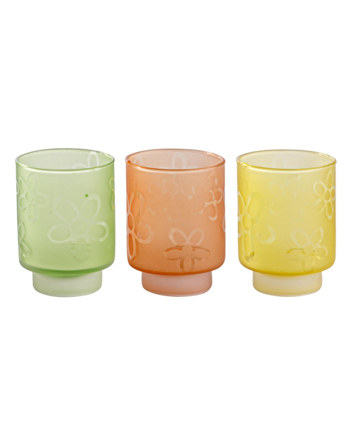 Porta candela  daisy assortimento di 3 pezzi realizzato in vetro assortito in 3 tonalità di colore verde giallo e arancione